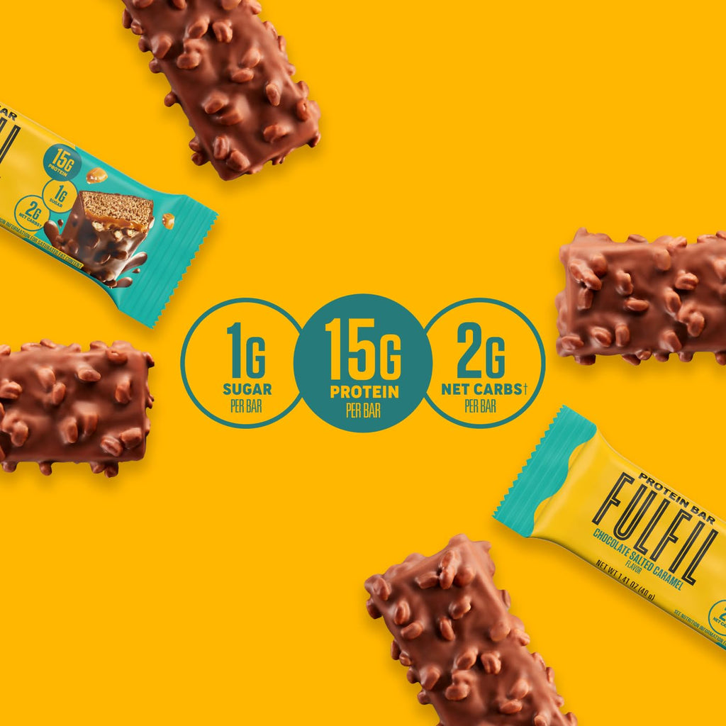 FULFIL Chocolate Salted Caramel Protein Bars, 15g Protein, 12 ct | Gluten Free with 15g Protein, Pantry Staples