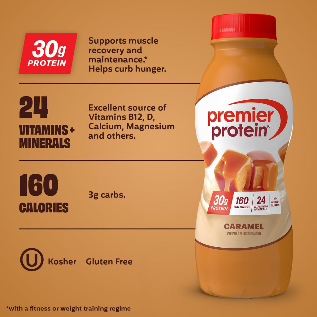 Premier Protein 30g High Protein Shake, Caramel, 12 Pack | 160 Calories, 24 Vitamins & Minerals, No Added Sugar, Supports Muscle Health, Gluten-Free, 11.5 oz