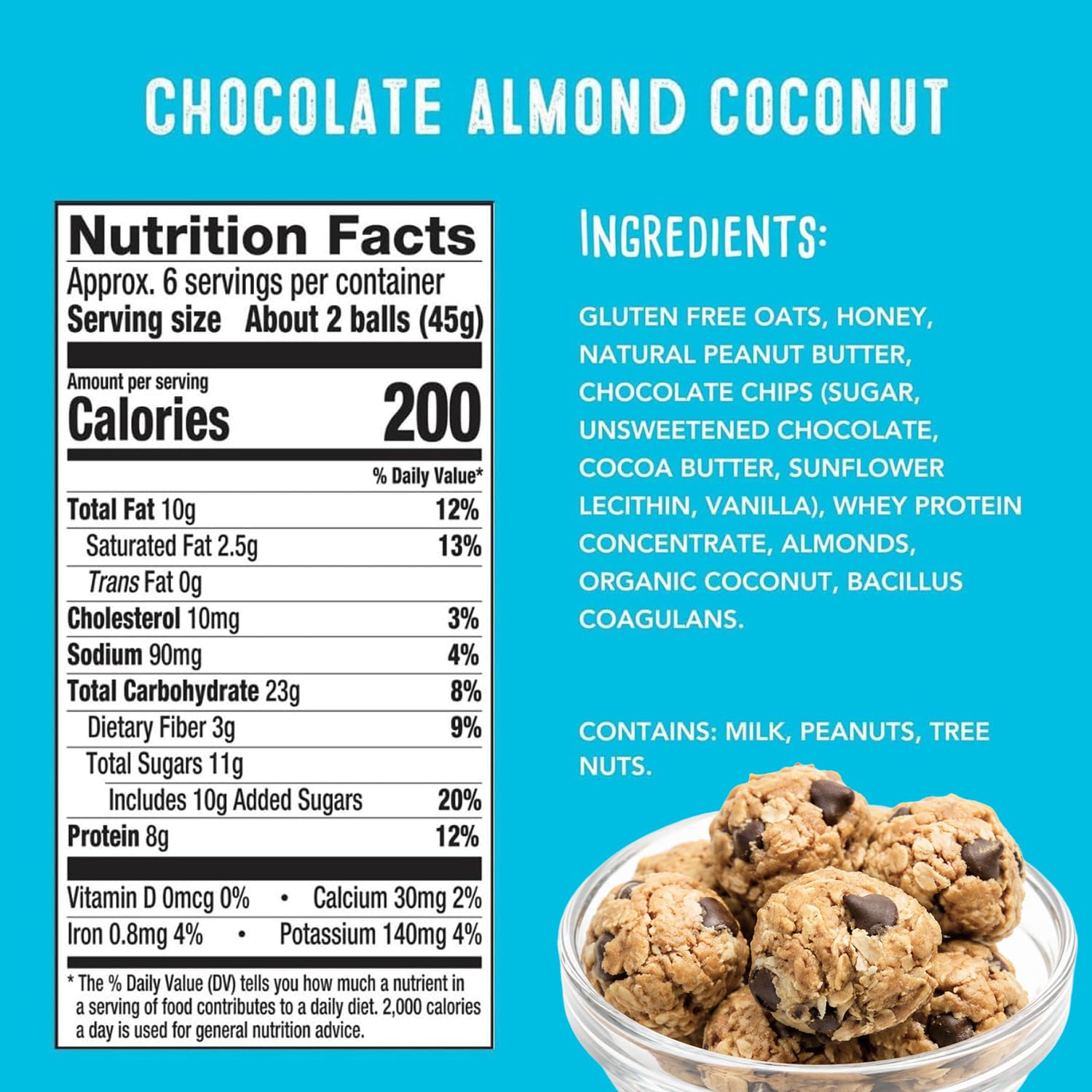 simplyFUEL Whole-Food Protein Balls (Chocolate Almond Coconut) - 8 g High-Protein, Gluten-Free, Healthy Snack for Adults & Kids - 9.6 oz