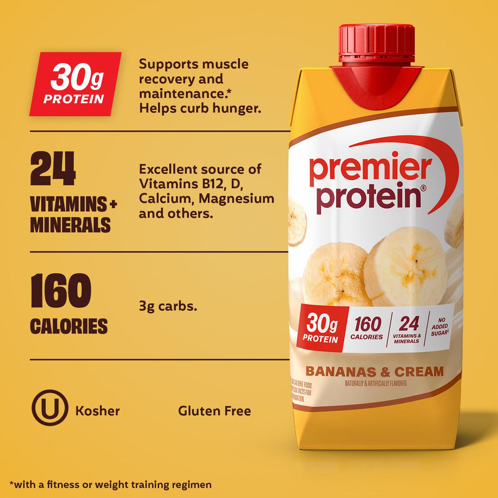 Premier Protein 30g High Protein Shake, Bananas & Cream, 4 Pack | 160 Calories, 24 Vitamins & Minerals, No Added Sugar, Supports Muscle Health, Gluten-Free, 11 oz