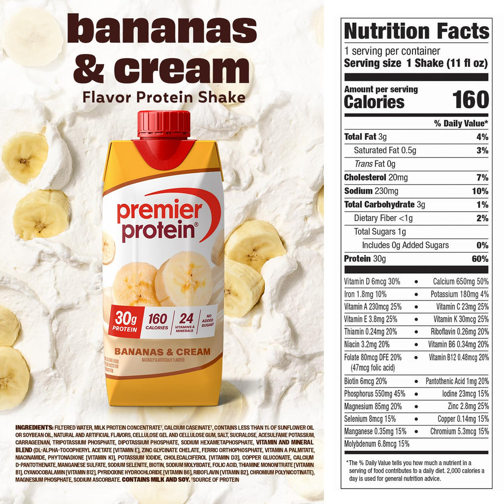 Premier Protein 30g High Protein Shake, Bananas & Cream, 4 Pack | 160 Calories, 24 Vitamins & Minerals, No Added Sugar, Supports Muscle Health, Gluten-Free, 11 oz