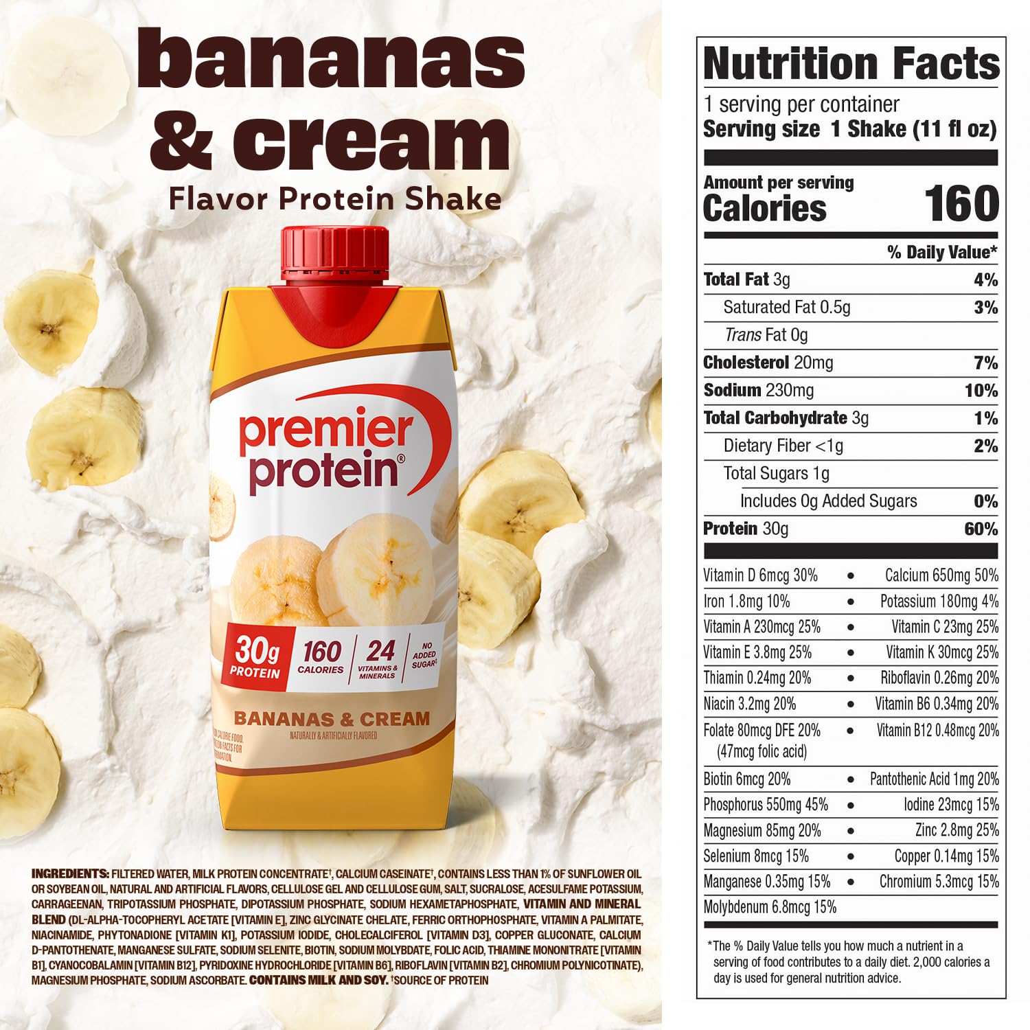 Premier Protein 30g High Protein Shake, Bananas & Cream, 4 Pack | 160 Calories, 24 Vitamins & Minerals, No Added Sugar, Supports Muscle Health, Gluten-Free, 11 oz