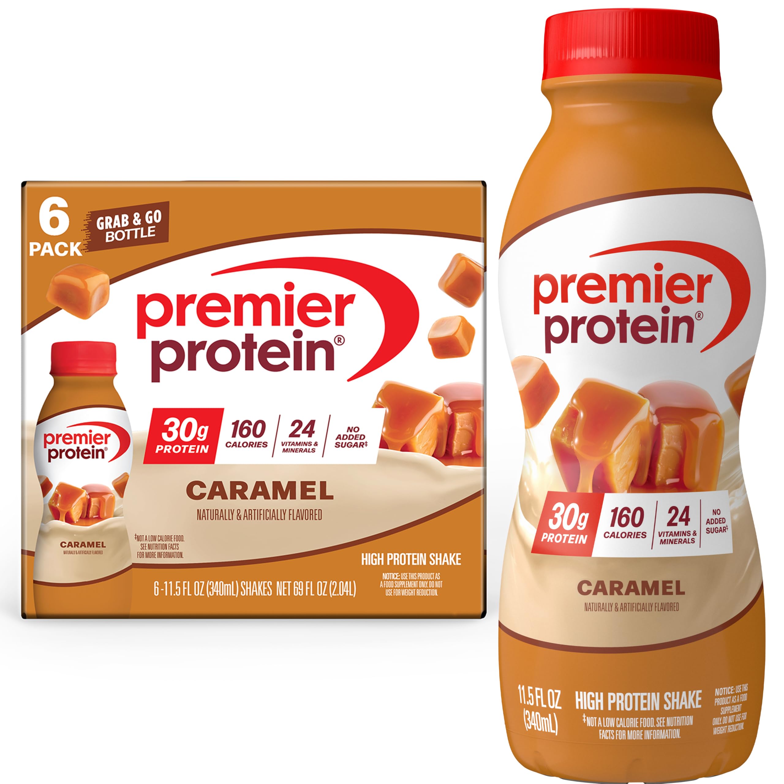 Premier Protein 30g High Protein Shake, Caramel, 12 Pack | 160 Calories, 24 Vitamins & Minerals, No Added Sugar, Supports Muscle Health, Gluten-Free, 11.5 oz