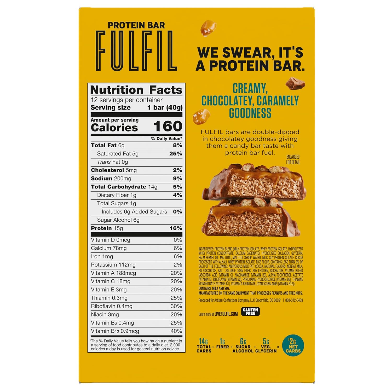 FULFIL Chocolate Salted Caramel Protein Bars, 15g Protein, 12 ct | Gluten Free with 15g Protein, Pantry Staples